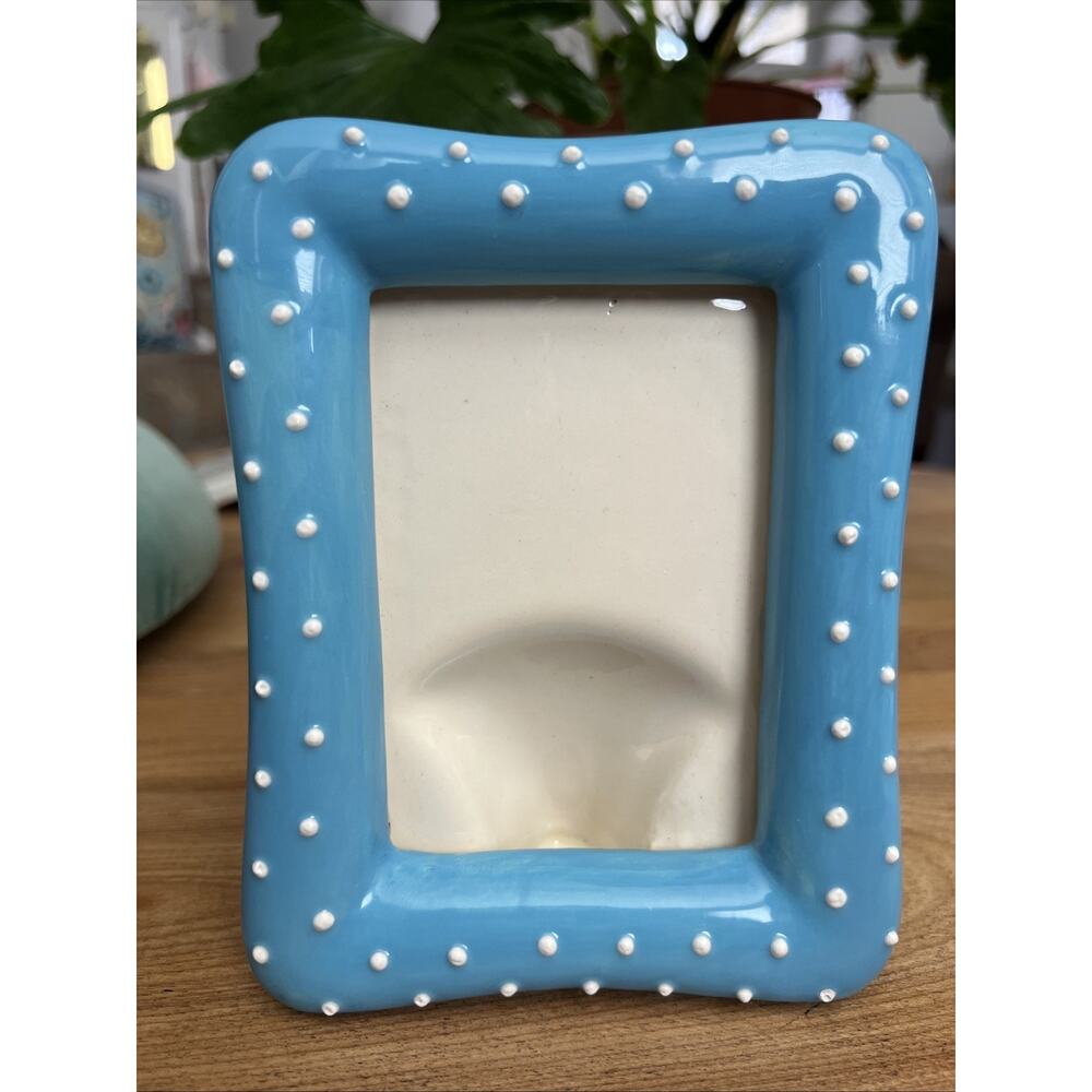 Vtg Eva Gordon Signed Ceramic Pottery Frame RARE Polka Dot Blue